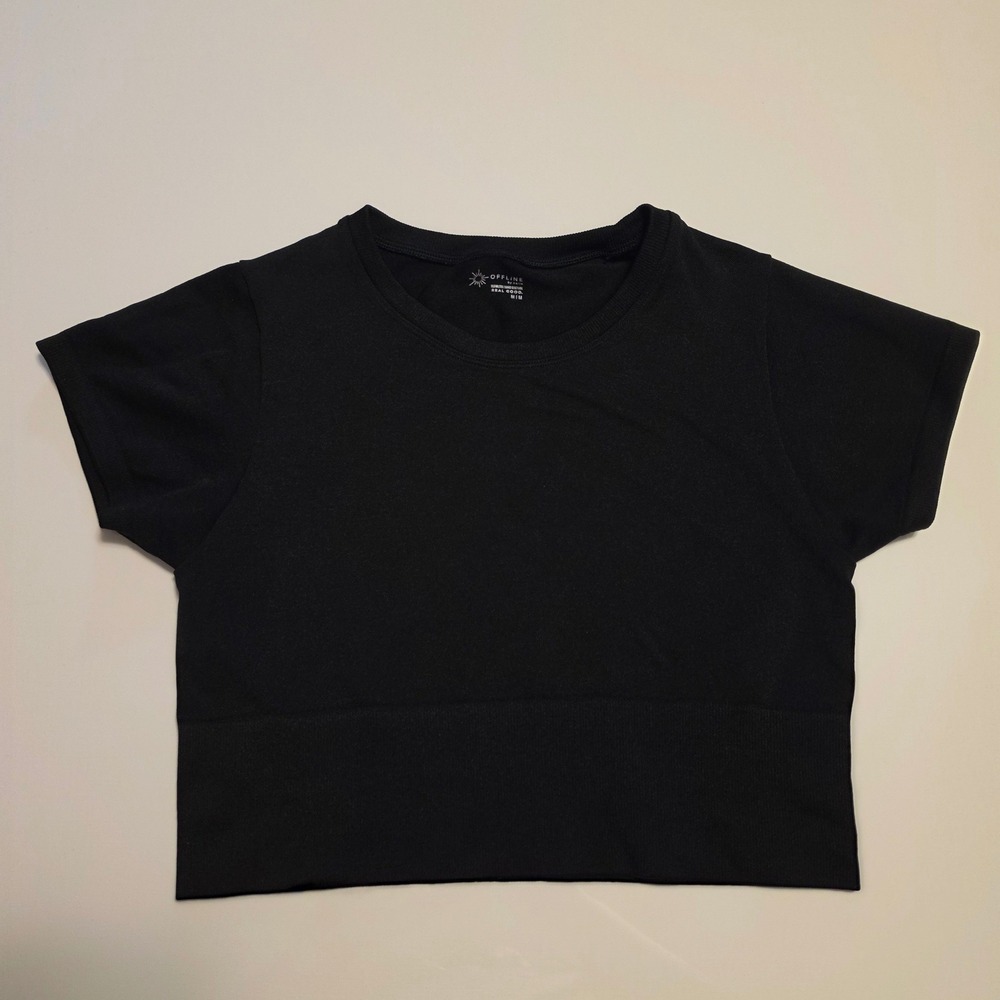 OFFLINE by Aerie Seamless Short Sleeve Ribbed Hem Crop Top Black Size Medium